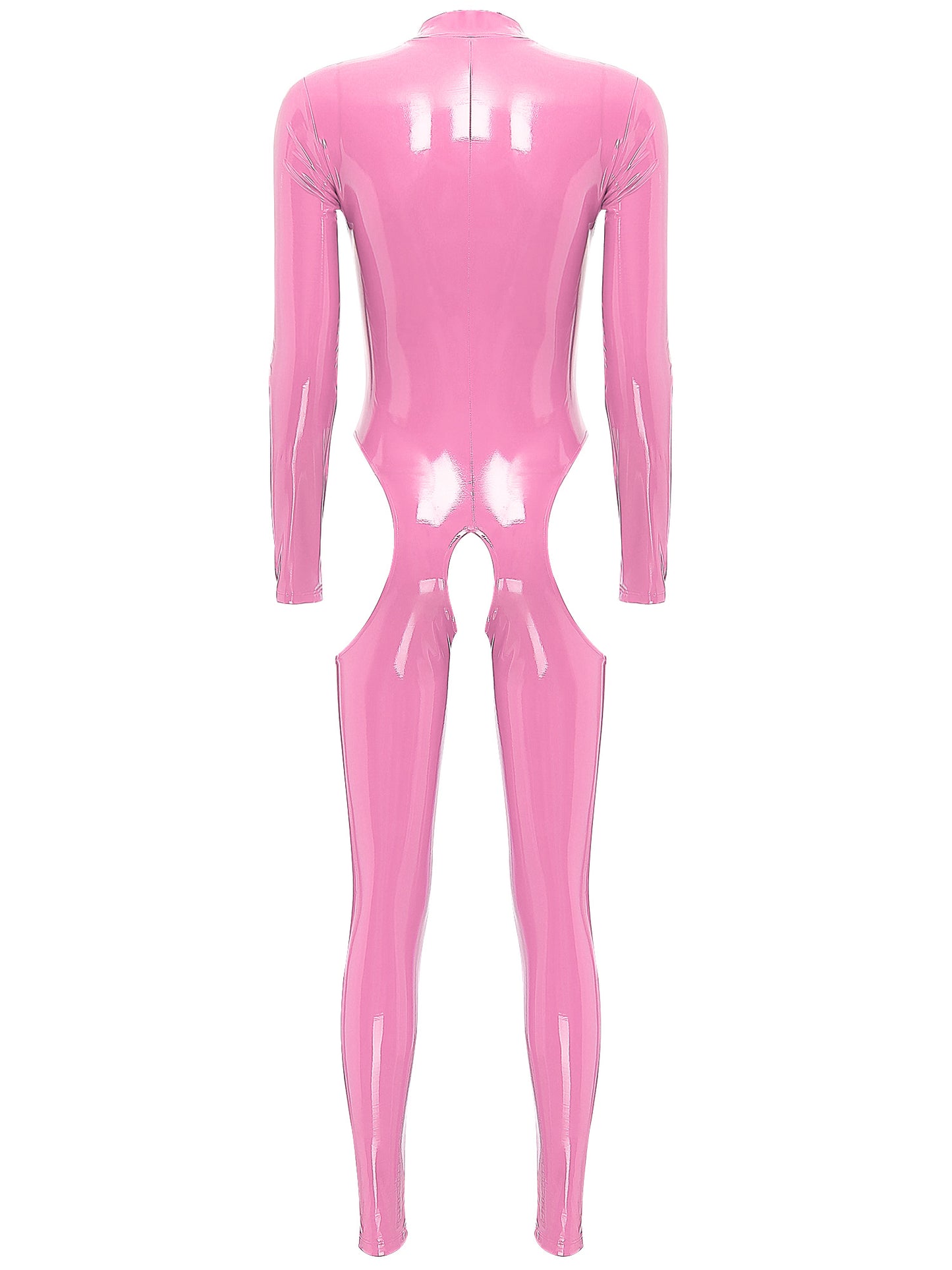 Damen Wet Look Lack leder Ausschnitt Schritt loser Overall Langarm Aushöhlen Skinny Bodysuit Catsuit Latex Clubwear