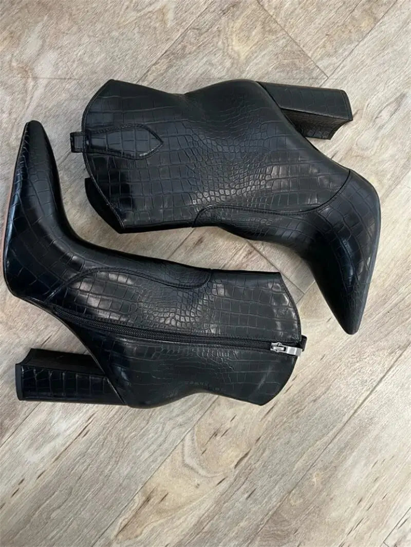 Only maker Frauen Stein muster Knöchel dicke Stiefel spitzen Zehen klobigen Block absatz Mode plus Größe Stiefeletten