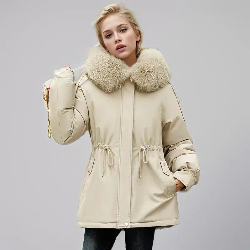 Frauen Parka Mode Lang mantel Wolle Liner Kapuze Parkas 2024 neue Winter jacke schlank mit Pelz kragen warmer Schnee tragen gepolsterte Kleidung