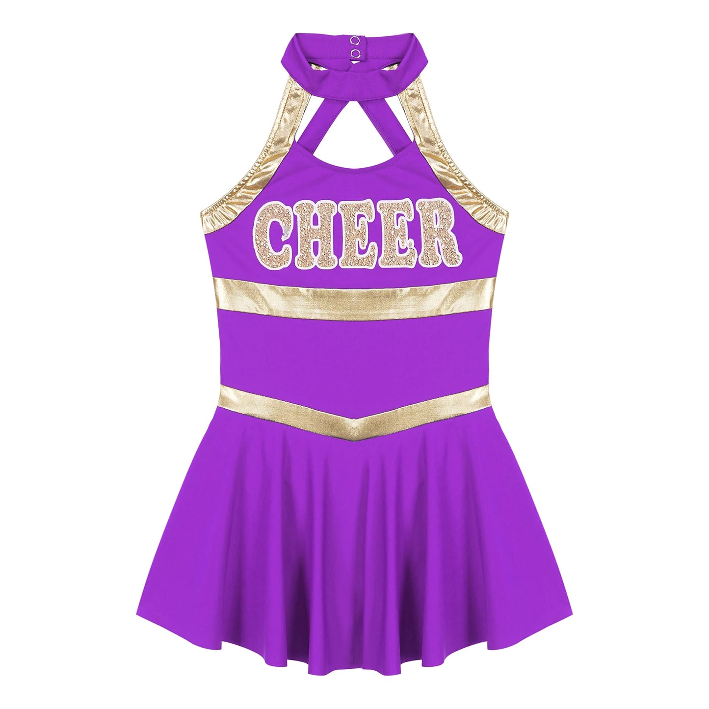 Kids Girls Cheering Team Costumes Sleeveless Letters Printed Cheerleading Uniform Sports Dance Dress +1 Pair Tassel Flower Balls