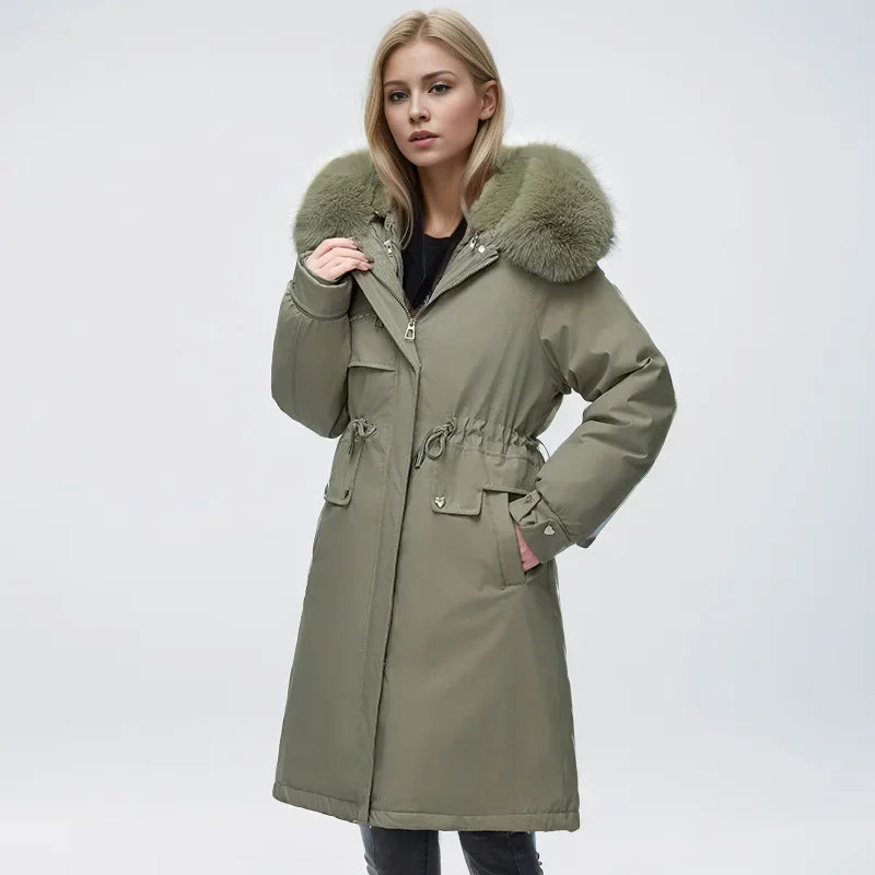 2024 neue Winter Frauen Parka Kleidung lose lange Mantel Wolle Liner Kapuze Daunen Baumwoll jacke Pelz kragen dicken warmen Schnee tragen gepolstert