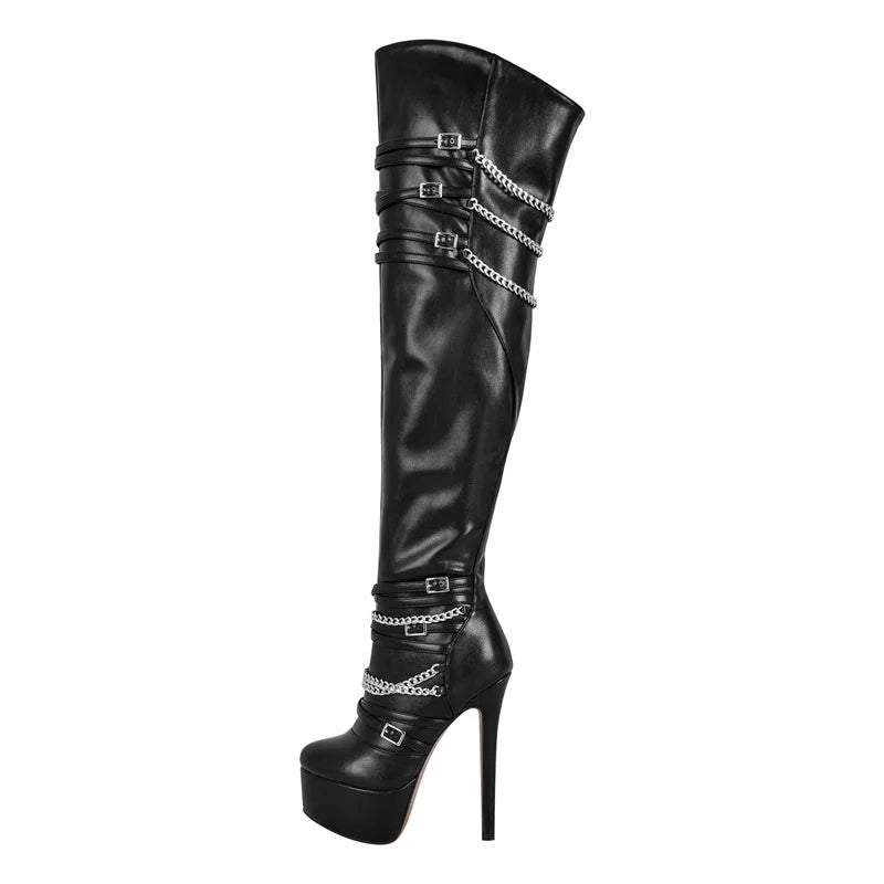 Only maker Frauen über dem Knie Stiefel dünne High Heel Dame schwarz Metall kette Dekoration Reiß verschluss weibliche Winter Plattform Stiefel