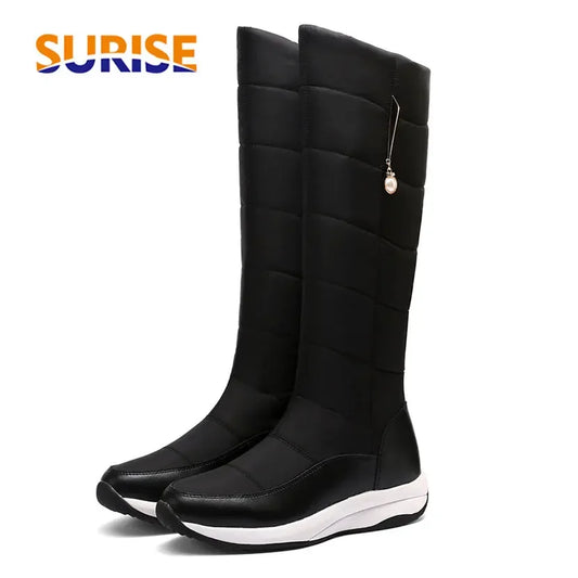 Winter Echt leder Frauen Plattform Schneeschuhe warm Plüsch weiß schwarz Perle lässig Reise Damen Keil Slip-On kniehohe Stiefel