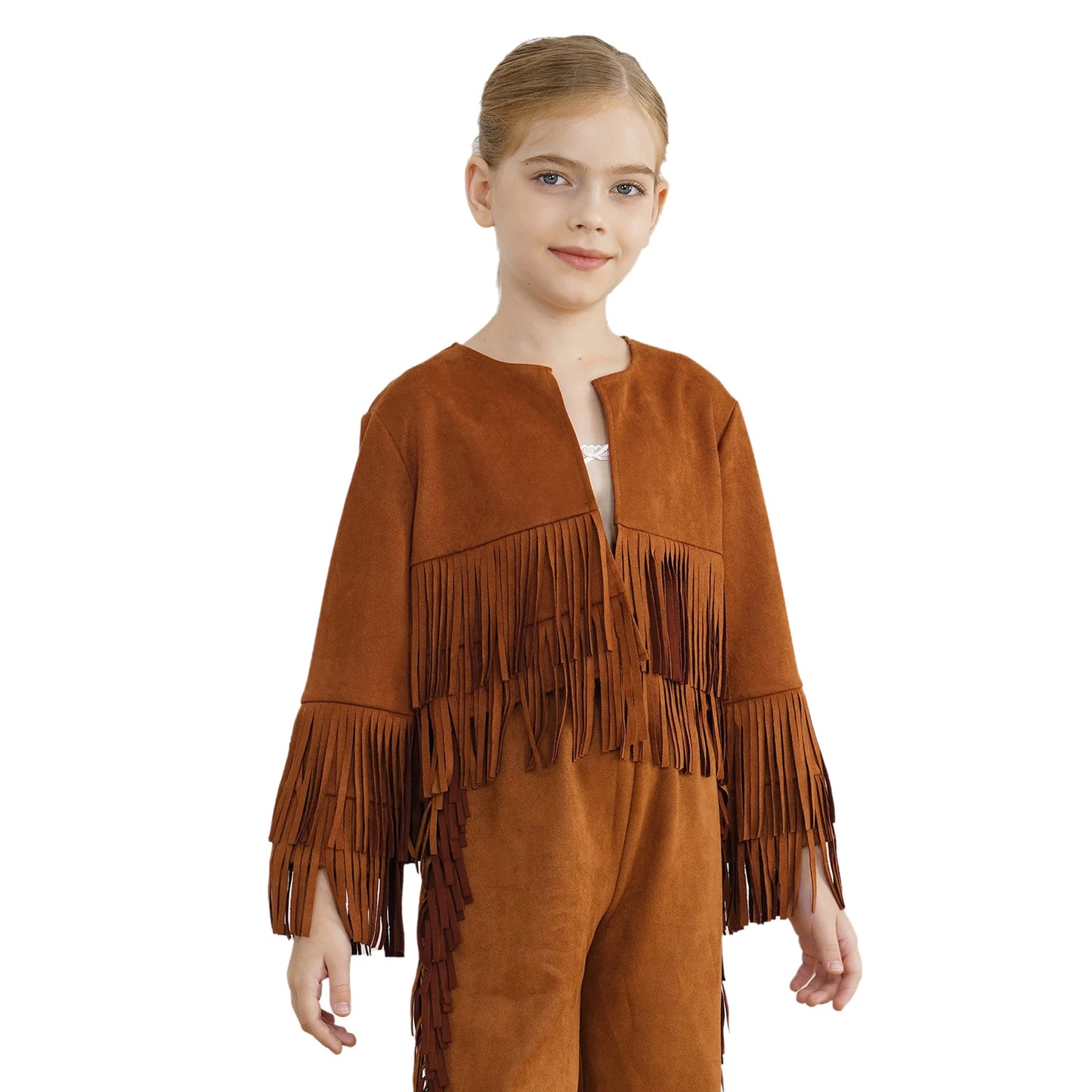 Western Rodeo Cowboy Cowgirl Costume Boys Girls Long Sleeve Open Front Tassels Fringe Coat Jacket for Halloween Cosplay Party