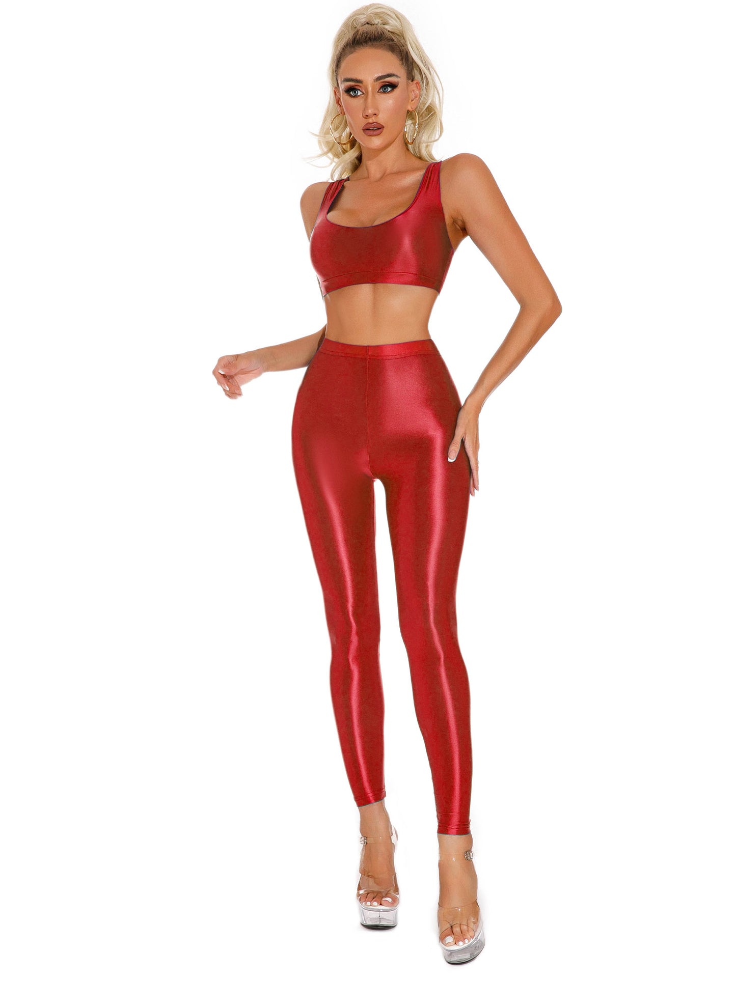 Damen glänzendes Öl ärmelloses U-Ausschnitt Racer back Crop Top mit Leggings für Tanz Yoga Sport Gym Fitness Übung Active wear