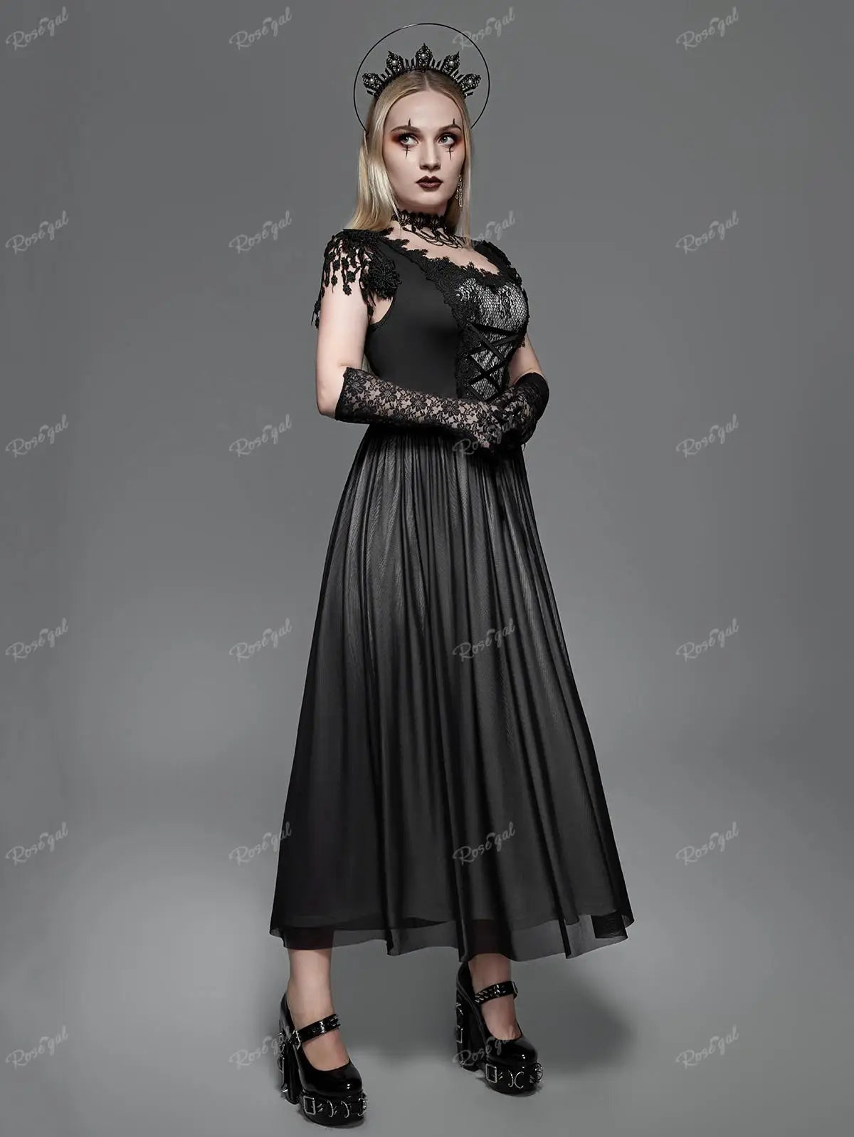 Ros gal plus Größe Gothic Lace Panel Mesh Quasten Schnür Maxi kleid Frauen Sommer langes Kleid schwarz Korsett Party kleid Vestidos