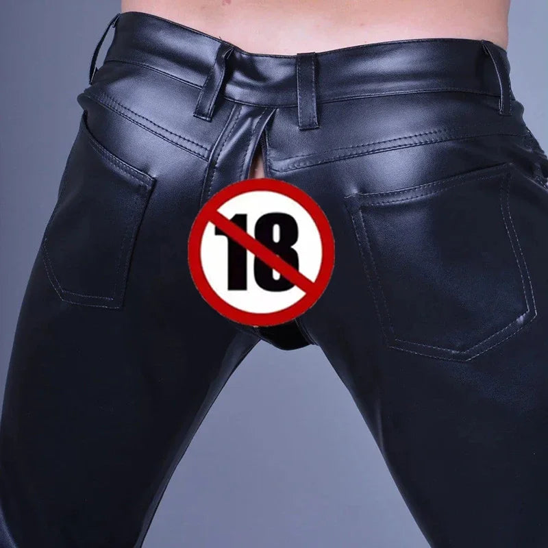 Herren schwarz matt Faux Latex Spleißen Pu Reiß verschluss offenen Schritt gerade Hose männlich exotische Lederhose lässig Unterhaltung benutzer definierte