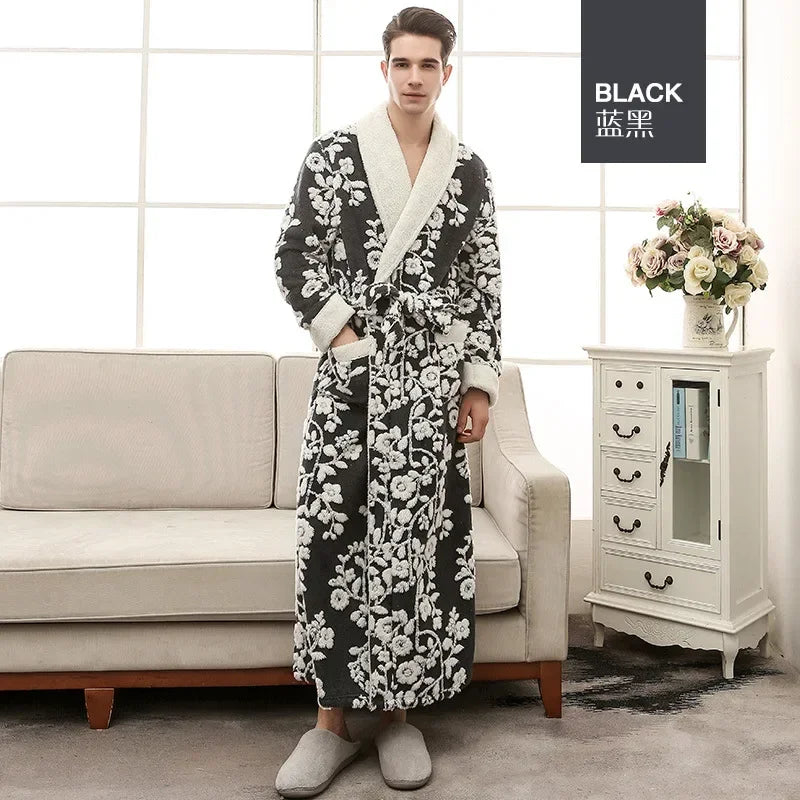 Dicke Flanell Jacquard Nachtwäsche Lose Casual Homewear Lounge Tragen Korallen Fleece Lange Robe Winter Warme Paar Bademantel Nachtwäsche