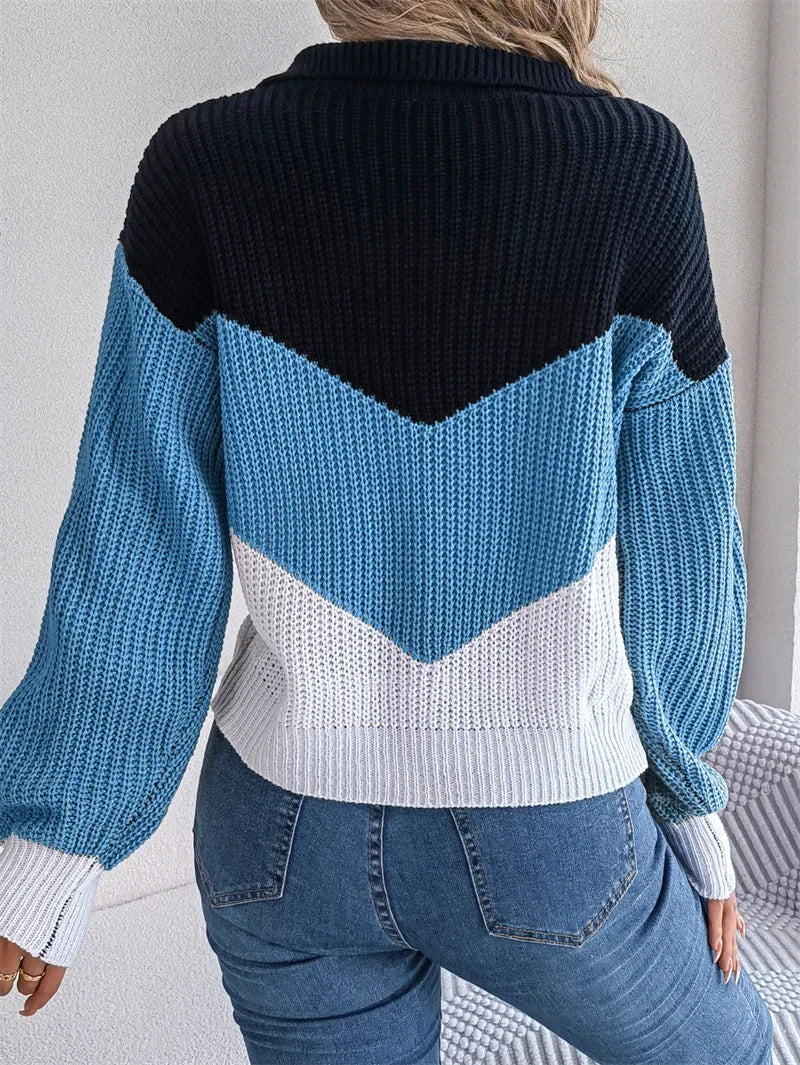 Herbst Winter Revers Pullover Frauen verdickt warm gestrickt Top weibliche dreifarbige Patchwork Laterne Langarm Pullover Streetwear