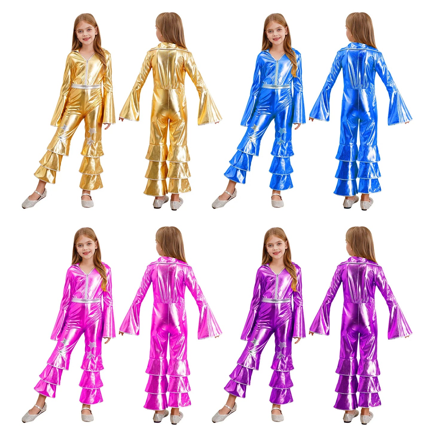 Kids Girls 70s 80s Disco Costume Metallic Flare Sleeve Ruffle Bell Bottom Jumpsuit Halloween Cosplay Funky Dancing Bodysuit