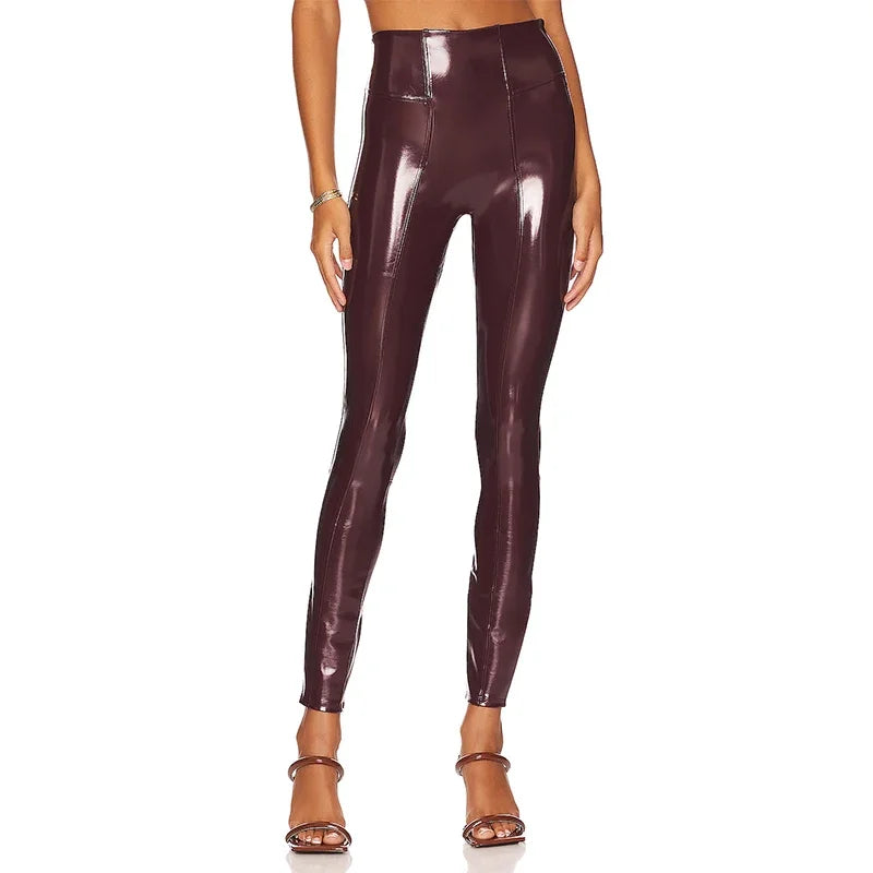 Faux Latex Hose mit hoher Taille Frauen glänzende Paten leder Leggings Damen schlanke Spleißen kurze Hosen Wettlook Clubwear benutzer definierte