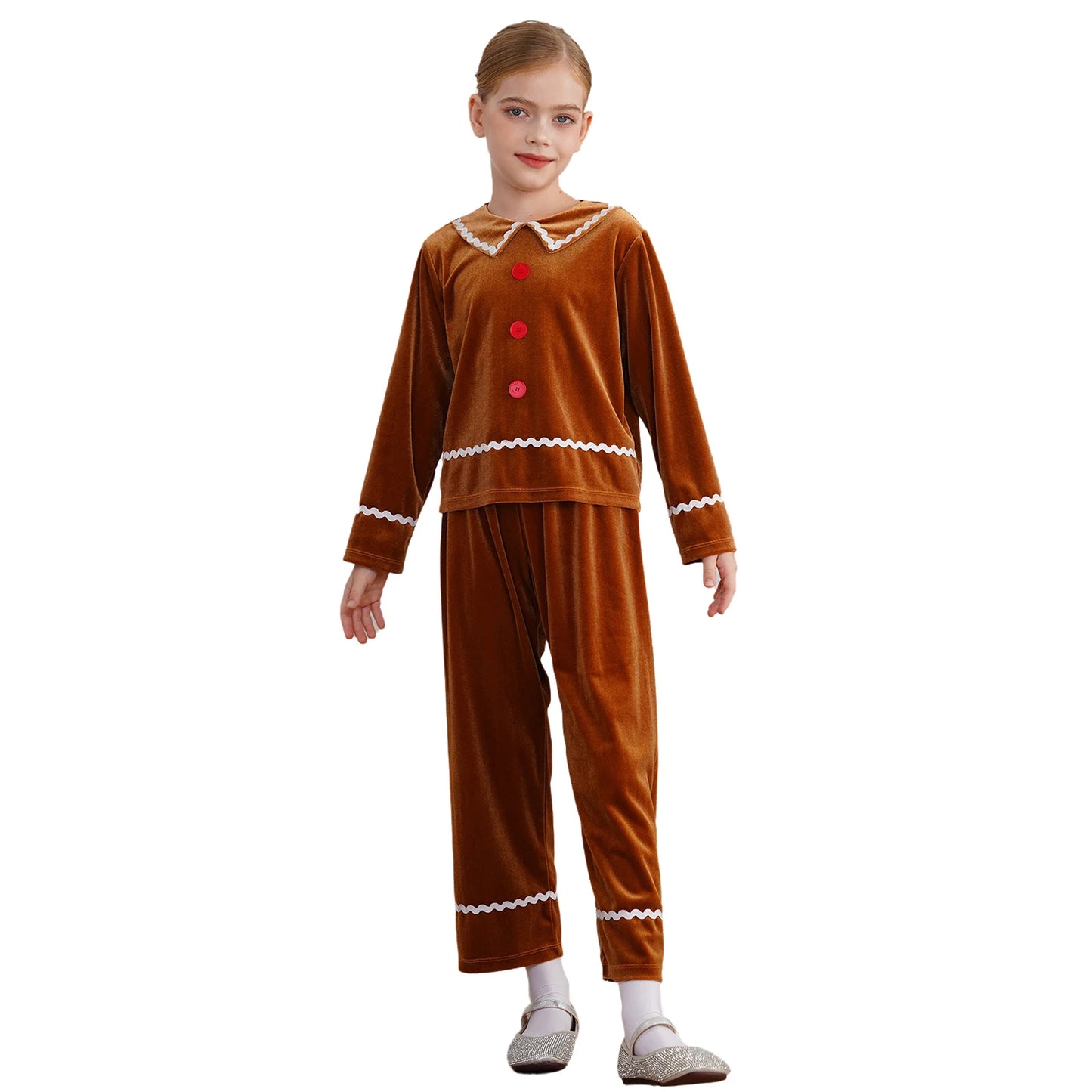 Girls Christmas Gingerbread Man Costume Velvet Long SleeveTop with Pants for Xmas Holiday Cookie Cosplay Dress Up Party