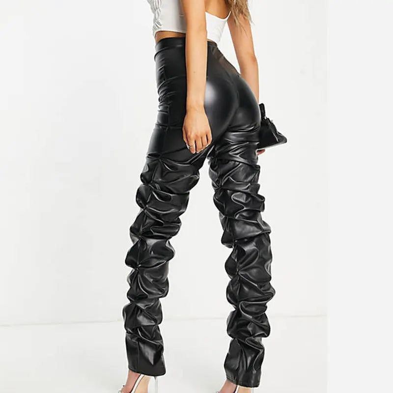 High Waist Pleated PU Leather Pants for Women, Retro Streetwear, Loose Ruched Casual Trousers, Straight Solid Color Black Pants,