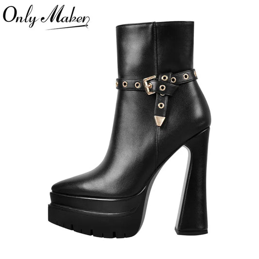 Onlymaker Frauen Schwarz Matte Doppel Plattform Booties Seite Zipper Mode Spitz Stiefeletten