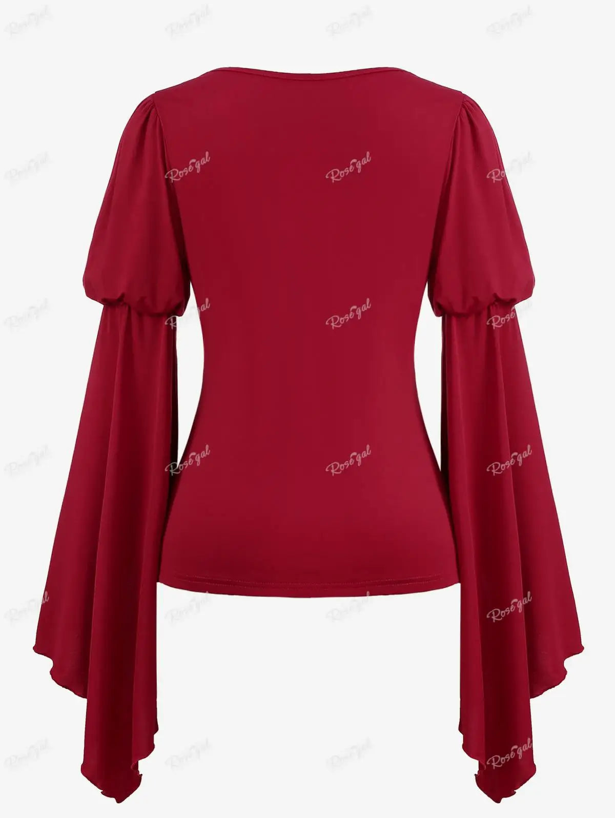 Rosegal Plus Size Gothic Red T-Shirt herzförmige Applikationen geraffte Tops neue Frühling Herbst quadratischen Hals lange Flare Ärmel Blusen