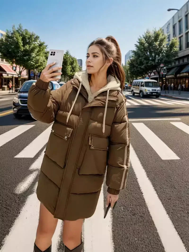 2024 Winter Women's Padded Jacket New Contrast Medium Long Fake Two Piece Down Cotton Jacket Female Hooded Casual Parkas Coats