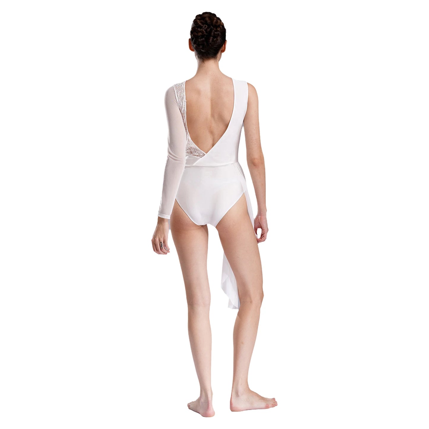 Lyrisches Tanzkostüm für Damen, durchsichtiges Netzstoff, einfarbig, langärmelig, Ballett, Gymnastik, Trikot, Body, zeitgenössische Ballerina-Tanzkleidung