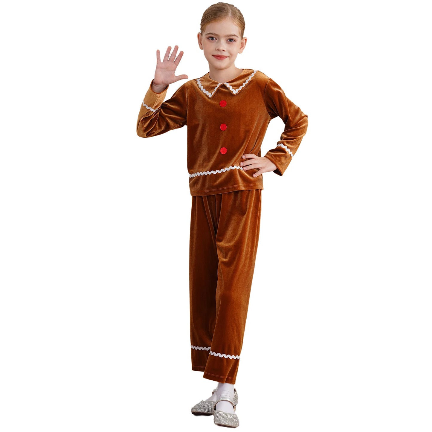 Girls Christmas Gingerbread Man Costume Velvet Long SleeveTop with Pants for Xmas Holiday Cookie Cosplay Dress Up Party