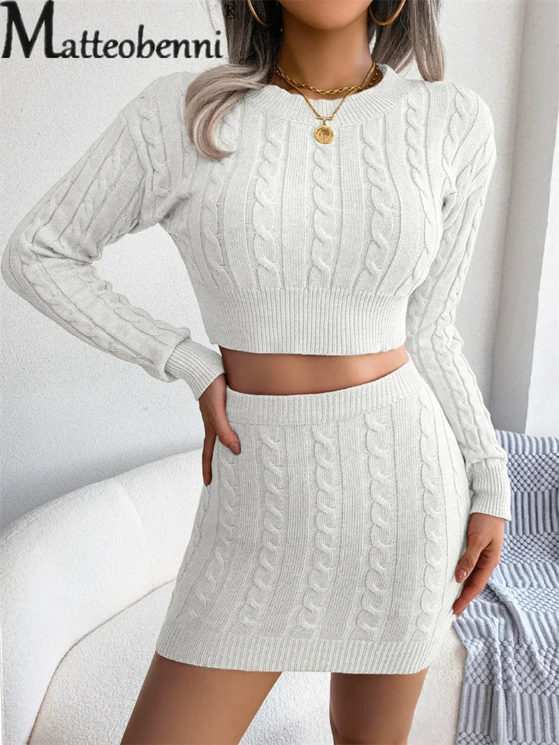 Elegante Twist gestrickte zweiteilige Set Frauen zeigen Bauch kurzen Pullover elastische Taille Wickel Hüftrock Strickwaren weibliche Freizeit anzüge