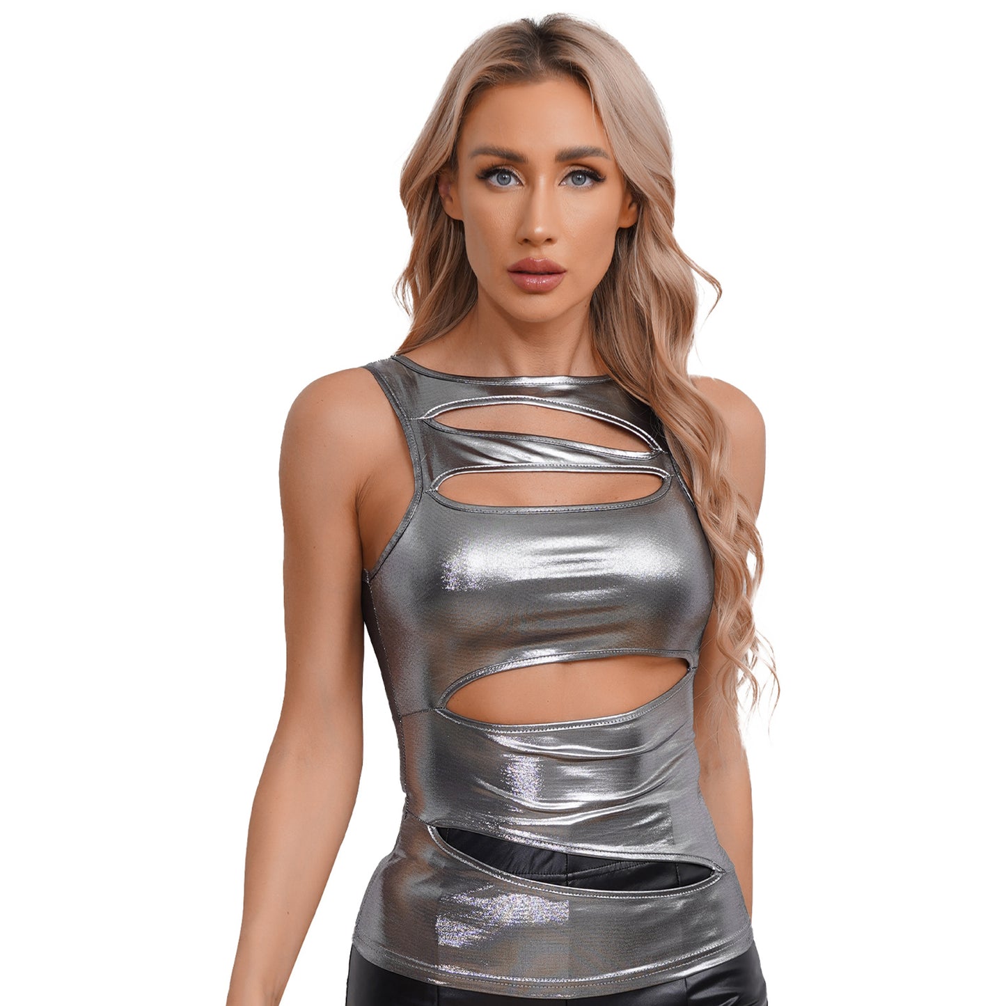 Damen exotische Tanks Clubwear Metallic glänzende Crop Top Weste solide Bodycon Neck holder ärmellose rücken freie Slim Fit T-Shirt Unterhemd Tops