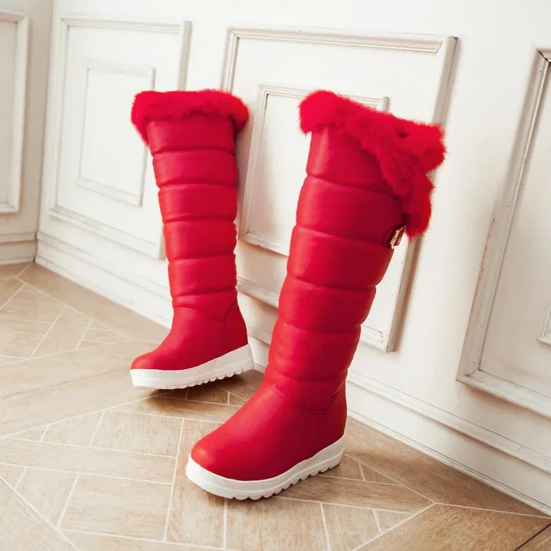 Rot Winter Frauen Warme Pelz Kniehohe Schnee Stiefel Rot Schwarz Dicken Plüsch Runde Kappe Schnalle Dame Höhe Zunehmende plattform Lange Stiefel