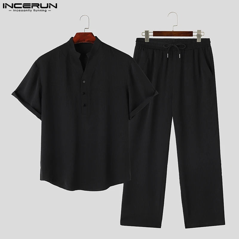 INCERUN Men Sets Solid Color V Neck Short Sleeve Shirt & Pants Two Pieces Sets Streetwear 2023 Loose Men's Casual Suits S-5XL