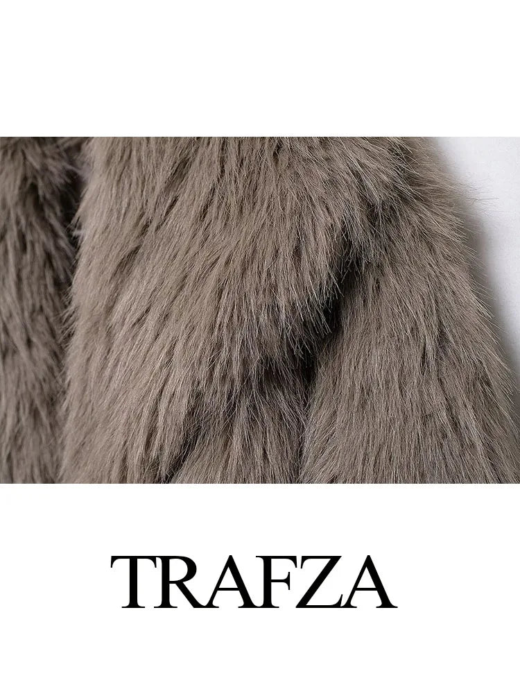 TRAFZA Frauen Elegante Faux Pelz Winter Mantel Solide Drehen Unten Kragen Mit Langen Ärmeln Dicke Mäntel Frau Lange Hülse Lose Warme Jacke