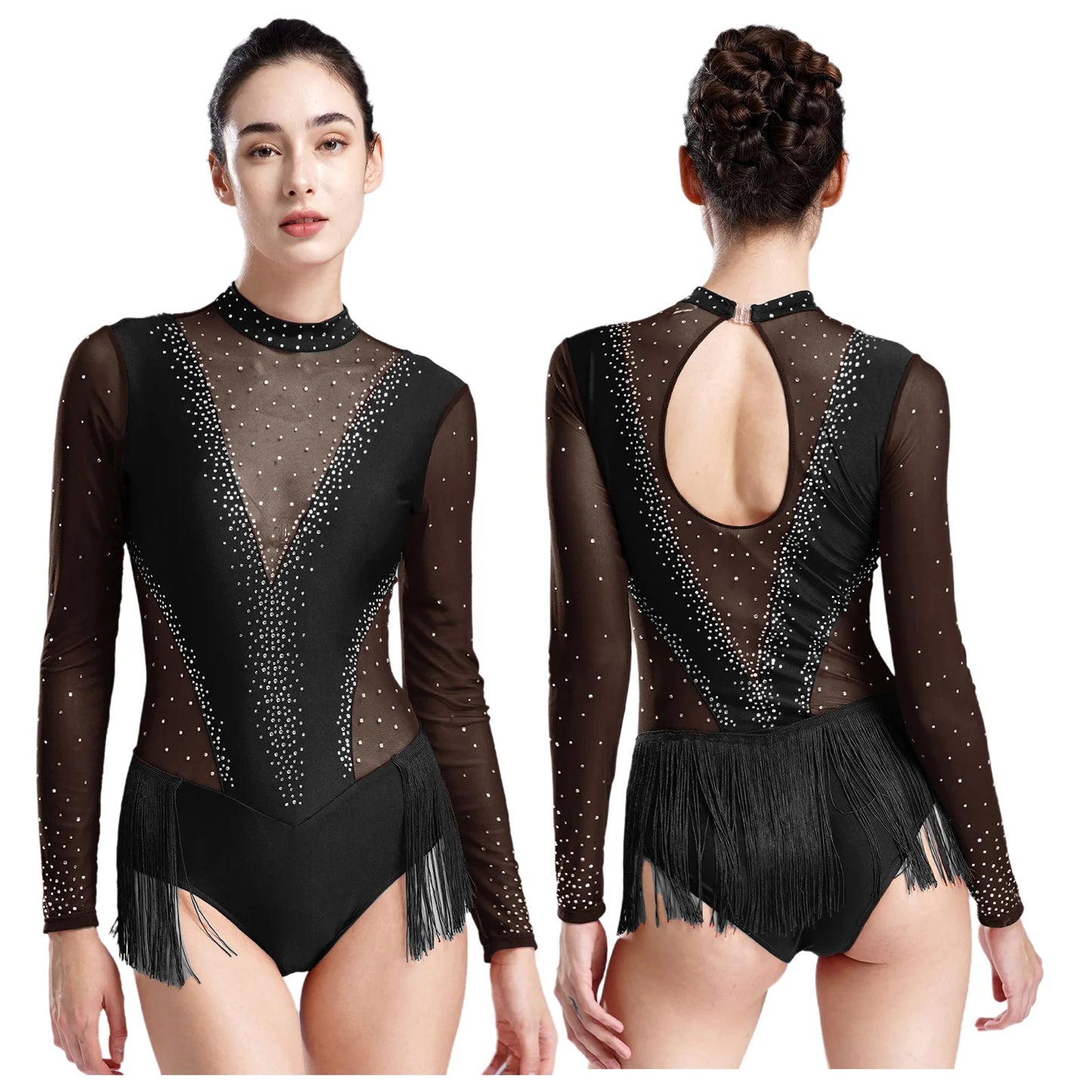 Damen glänzende Strass Figur Eislaufen Wettbewerb Kostüm Ballett Tanz Gymnastik Trikot Quaste Bodysuit Dance wear