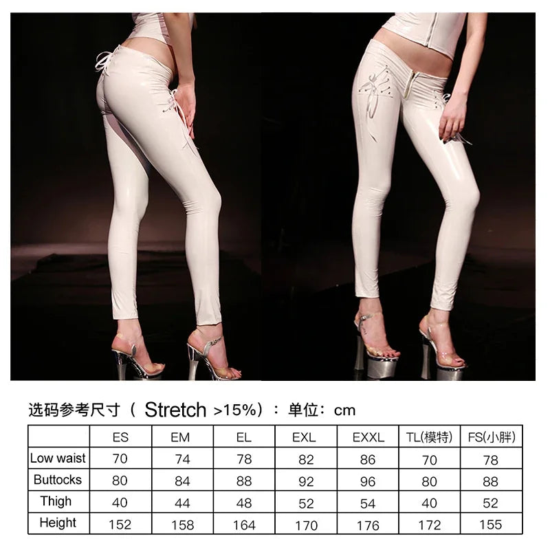 Sexy niedrige Taille exotische Latex Lederhose Reiß verschluss rote Pu Hose Schnür loch Tanz Bodycon nahtlose Leggings Wetlook benutzer definierte