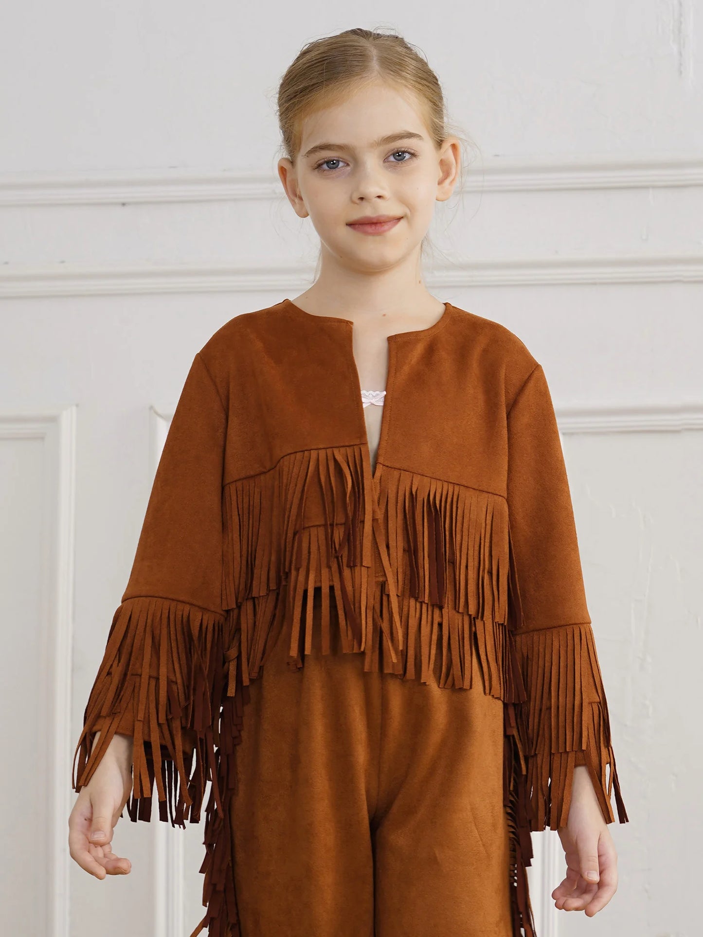 Western Rodeo Cowboy Cowgirl Costume Boys Girls Long Sleeve Open Front Tassels Fringe Coat Jacket for Halloween Cosplay Party