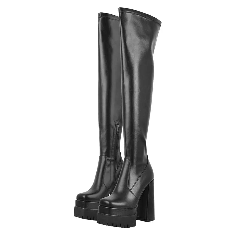 Onlymaker Über Das Knie Stiefel Frauen Schwarz Mate Dicken Plattform High Heels Seite Zipper Punk Stil Karree Mode Party stiefel