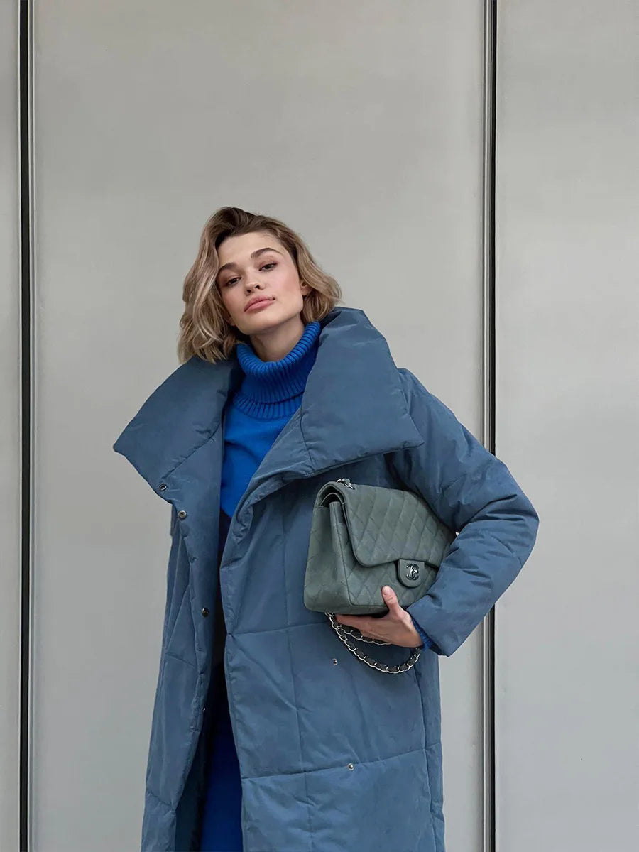 Bornladies Frauen Lose Steppjacken Parkas Wintermäntel Übergroße Warme Lange Gürtel Pufferjacken Damen Baumwolle Gefütterte Jacke