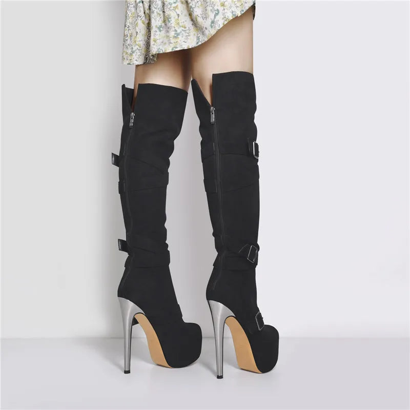 Only maker Frauen schwarze Plattform über dem Knie Stiefel 16cm High Heel Stiletto Schnalle High Back Reiß verschluss Plus Size Stiefel