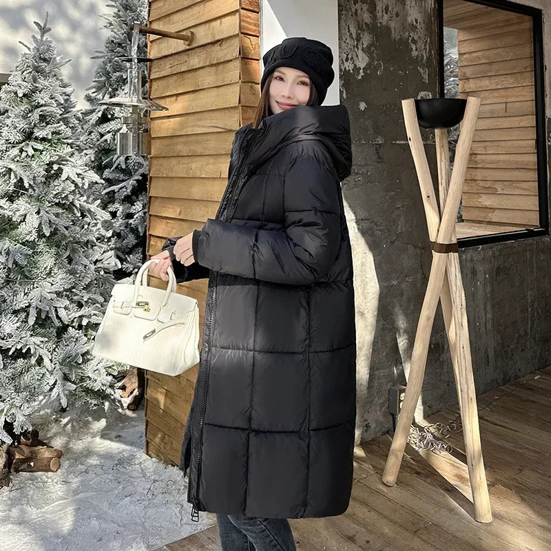 2024 neue Winter Frauen Lange Parkas Taschen Dicke Warme Mit Kapuze Unten Baumwolle Mantel Weibliche Lose Puffer Jacken Winddicht Schnee Mantel