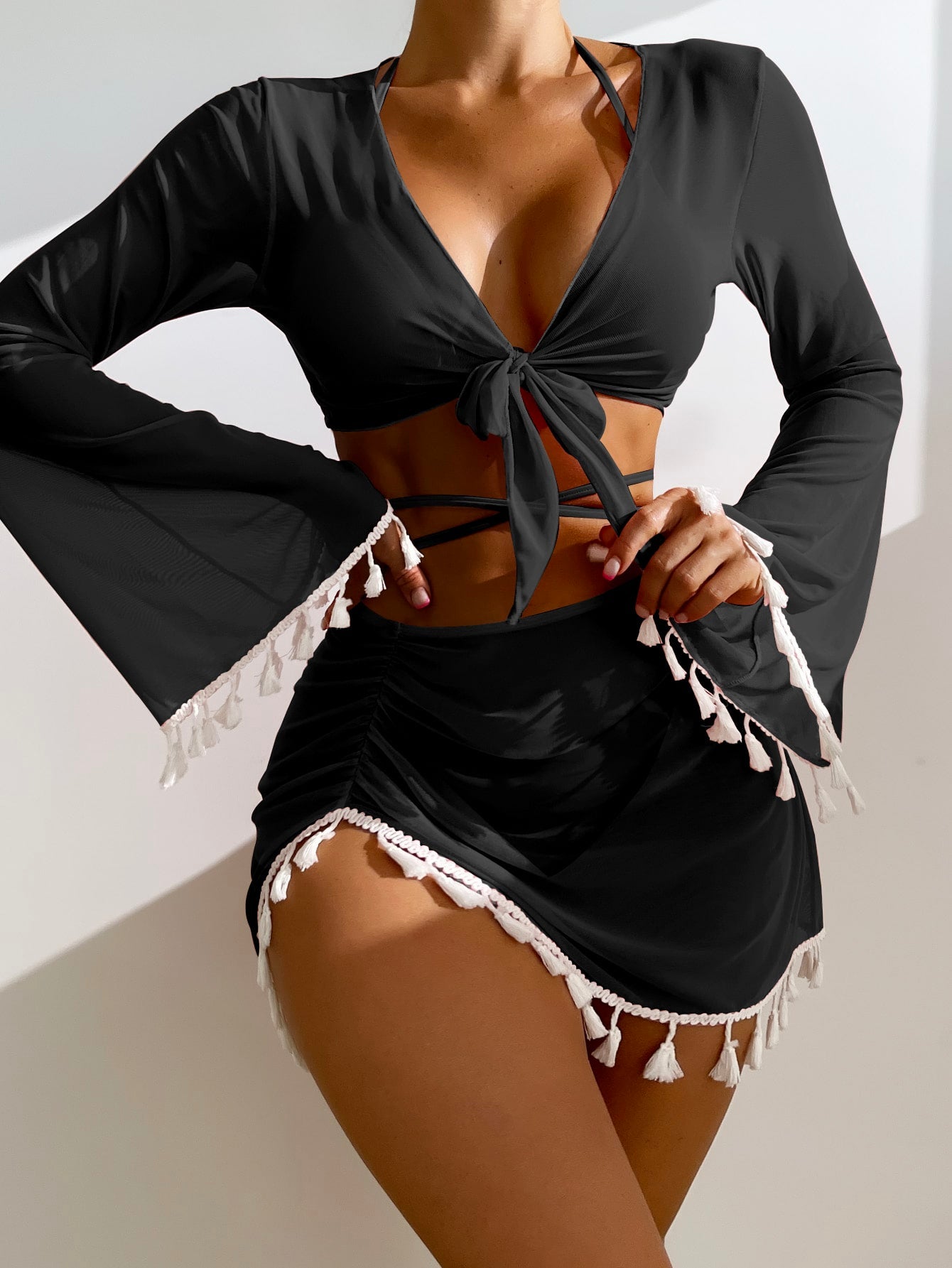 4 Pieces Lace Up Halter Triangle Bikini Swimsuit &amp; Cover Up Top With Skirt Sexy Swimwear Women 2023 Bathing Swimming Suit Female