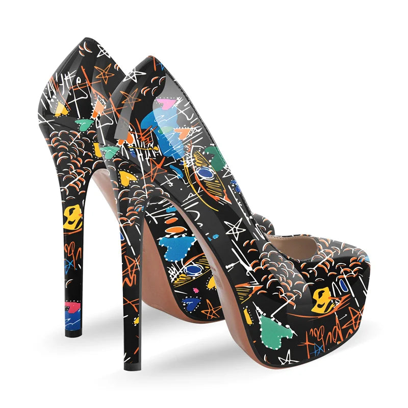 Only maker Frauen Plattform Graffiti Stiletto Heels 16cm extrem hohe Pumps große Größen plus Größe 46 Schuhe