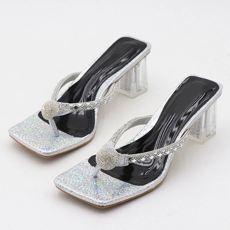 Liyke Mode Glitter Strass Frauen Transparent Low Heels Hausschuhe Kristall Strap Sandalen Schuhe Flip-Flops Offene spitze Rutschen