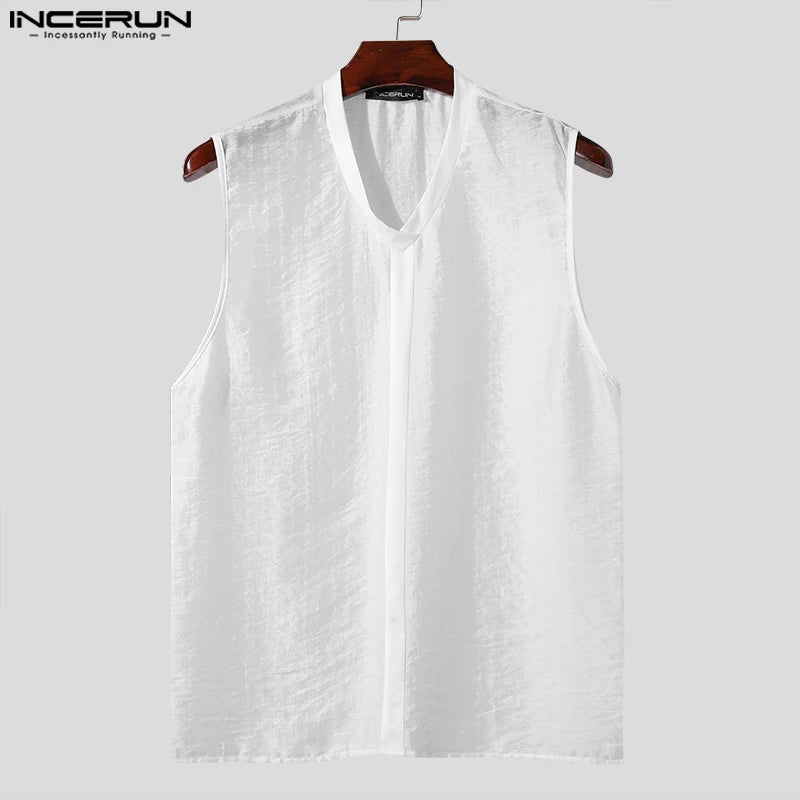 INCERUN Men's Tank Tops Solid Color V Neck Sleeveless Casual Male Vests Streetwear 2024 Transparent Summer Stylish Men Clothing