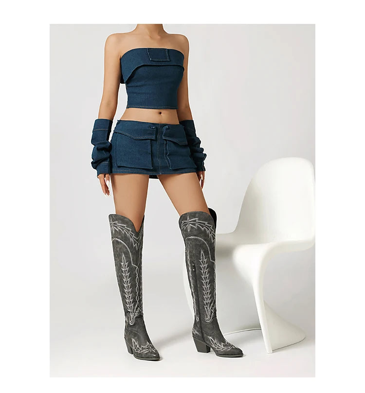 Plus Size atmungsaktive bestickte Westerns tiefel Holzmaserung Grob absatz Seiten reiß verschluss Westerns tiefel trend ige Overknee-Stiefel