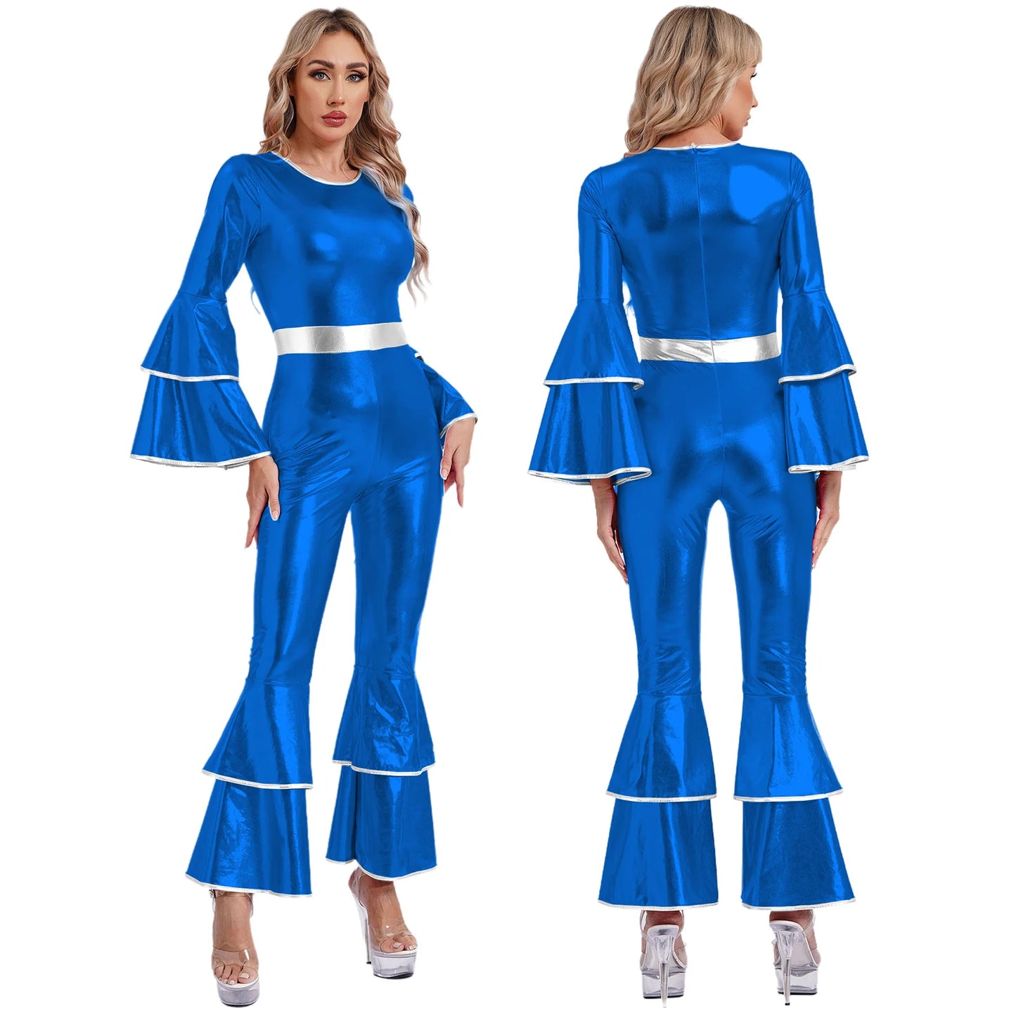 Damen Disco Kostüme sexy glänzend metallisch Retro Tanz Overall 70er 80er Jahre Hippie-Thema Party Halloween Cosplay Kostüm