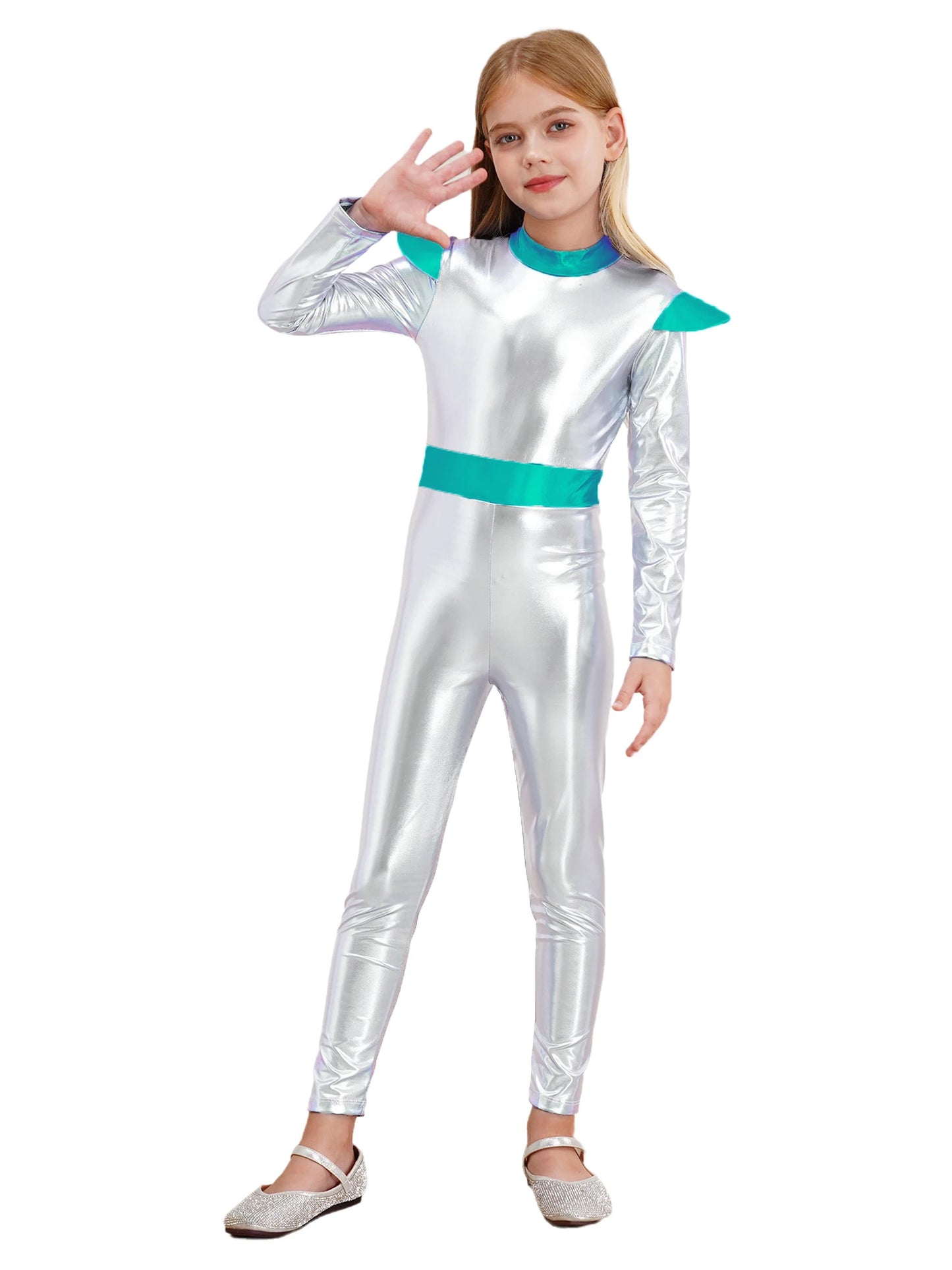 Kinder Mädchen Alien Kostüm Weltraum Kadett Holographische Metallic Ganzkörper Bodysuit Overall Halloween Party Cosplay Dress Up