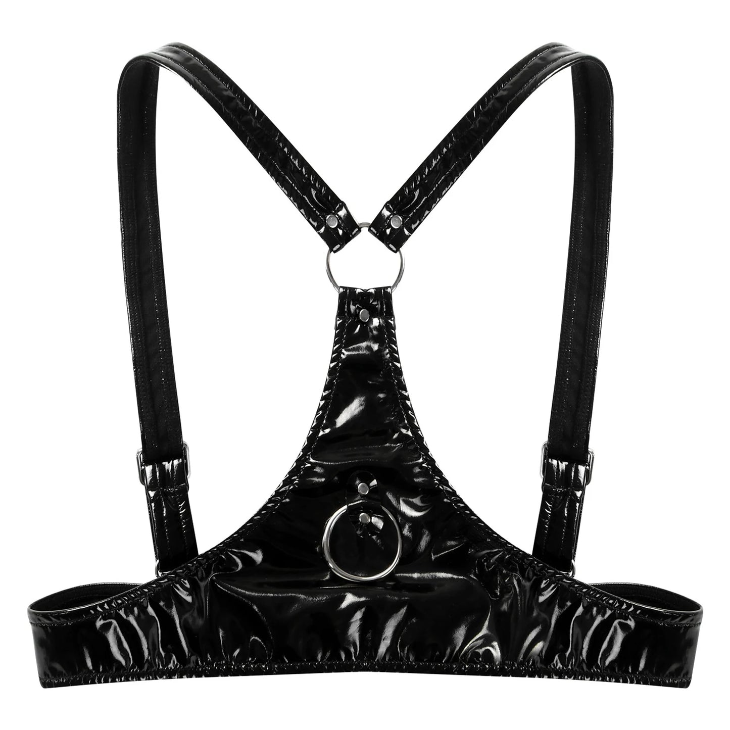 Frauen Wet Look PVC Leder Draht-Freies Bh Tops Dreieck Bralette Latex Schnallen O Ring Körper Chest Harness bustier Clubwear