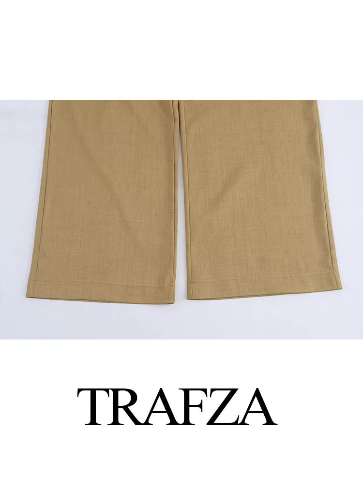 Trafza Herbst neue Mode Frauen lose lange Hosen Khaki hohe Taille Taschen Knopf Reiß verschluss Hose weibliche lässige Hose mit weitem Bein