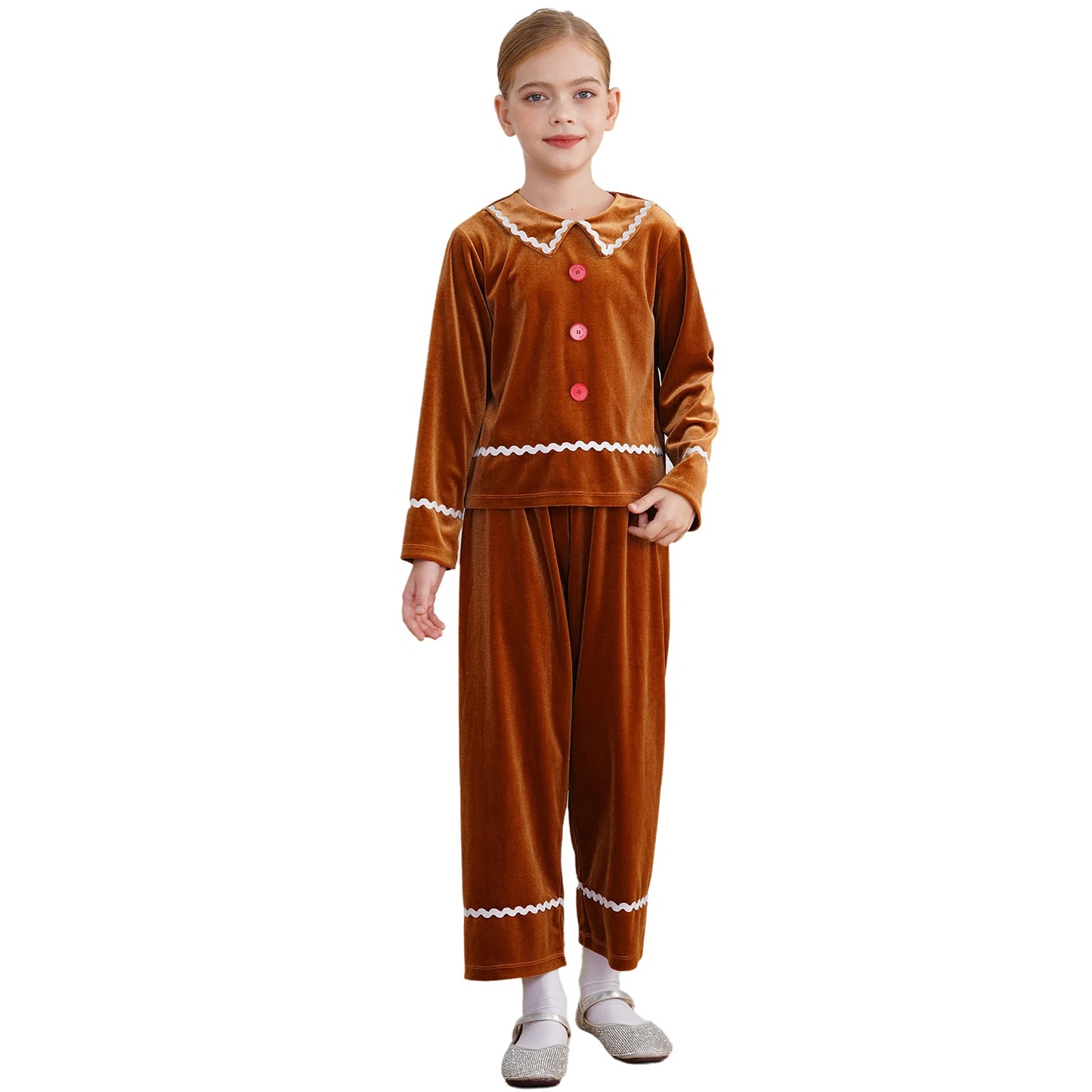 Girls Christmas Gingerbread Man Costume Velvet Long SleeveTop with Pants for Xmas Holiday Cookie Cosplay Dress Up Party