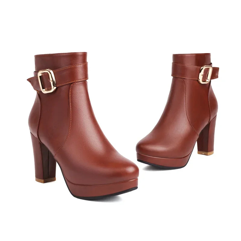 Rote Schnalle Gürtel Plateau Stiefeletten Damen Hohe Dicke Absätze Beige Schwarz Kleid Büro Damen Winter Runde bis Reißverschluss Kurze Stiefel