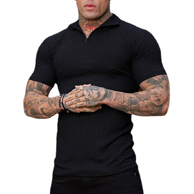 2023 Fashion Stand Collar Short Sleeve Knitted Polo Shirt Men Summer Sports Slim Polos Bodybuilding Fitness Workout Gym Clothing