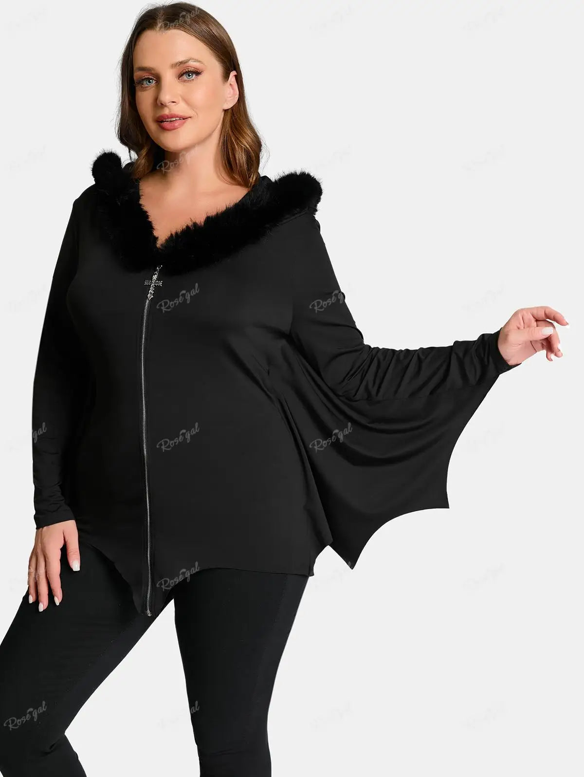 Ros gal Plus Size Damen voller Reiß verschluss Pelz Hals Fledermaus Flügel Kapuzen mantel schwarz High Stretch Jacken lässig Frühling Herbst Outwear Tops