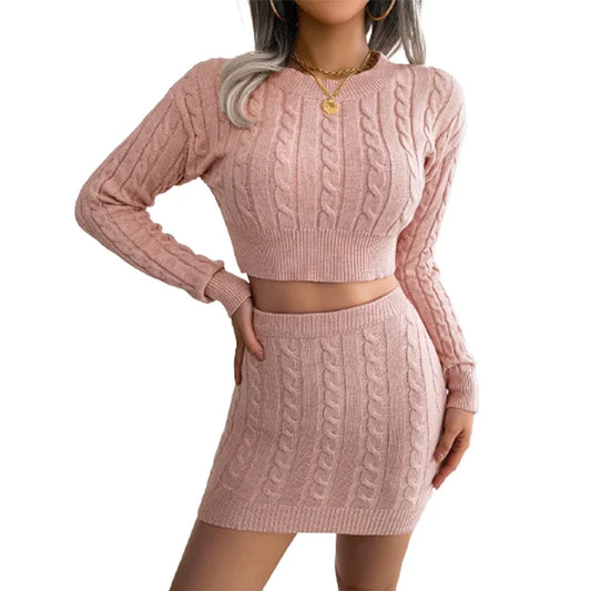 Elegante Twist gestrickte zweiteilige Set Frauen zeigen Bauch kurzen Pullover elastische Taille Wickel Hüftrock Strickwaren weibliche Freizeit anzüge