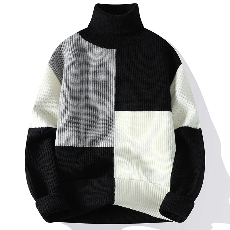 Autumn Winter Fashion Turtleneck Sweaters Men Patchwork Knitted Pullovers Mens Warm Casual Knit Turtleneck Pullover Sweater Man