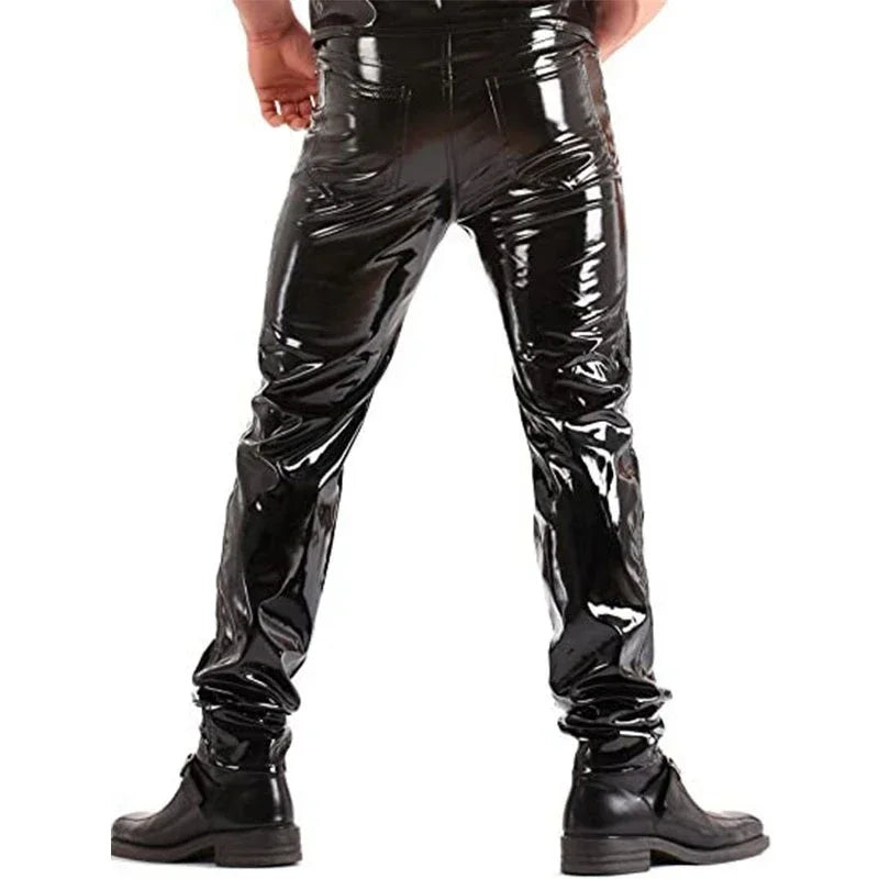 Men's Shiny Patent Leather Pants Mid Waist Faux Latex Trousers Wet Look Stretch PU Bodycon Pants Man PVC Clubwear Costume Custom